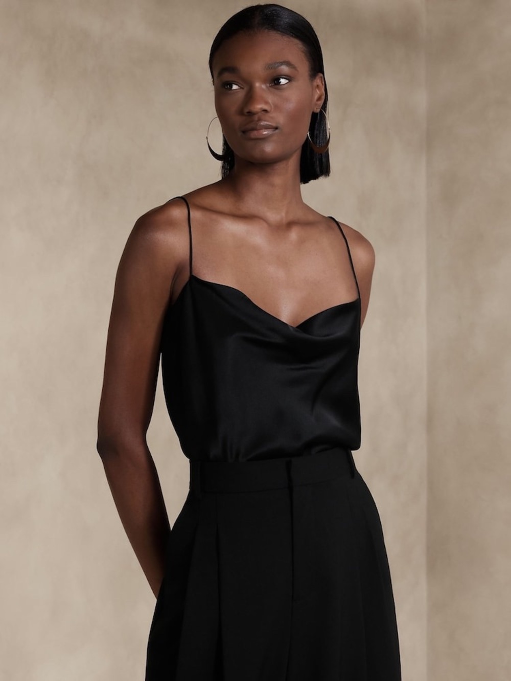 Banana Republic Silky Cowl Neck Strappy Satin Inspired Cami Top in Black